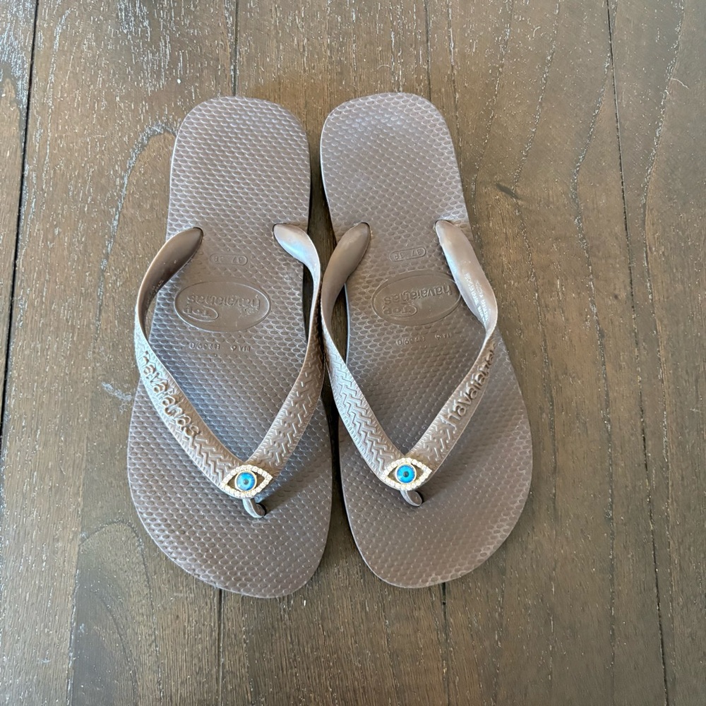 Havaianas Slim Crystal II Brown Flip Flops my Sandals Evil Eye Size 6